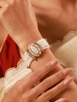 Voylla - Kundan White Smoke Oval Cz-Pearl Beaded Gold-Plated Bracelet