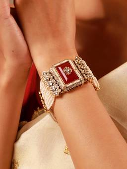 Voylla - Kundan Maroon Cz Pearl-Beaded Gold-Plated Bracelet