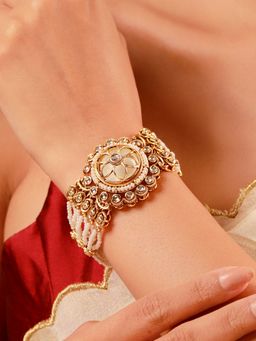 Voylla - Kundan White Pearl Floral Gold-Plated Bracelet