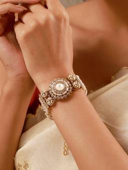 Voylla - Kundan White Cz-Pearl Gold-Plated Bracelet