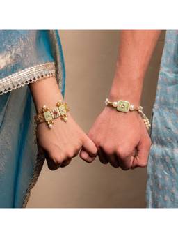 Salty - Multi-Color Kundan Bhaiya Bhabhi Pearl Floral Lumba and Rakhi