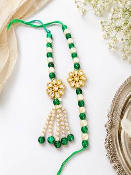 Silvermerc Designs - Green Beads and Pearl Floral Kundan Bhai Bhabhi Lumba and Rakhi