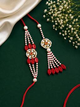 Silvermerc Designs - Handmade Red Crystal Pearl Bhaiya Bhabhi Lumab and Rakhi