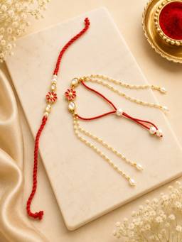 Silvermerc Designs - Red Floral Kundan Bhai Bhabhi Luma and Rakhi