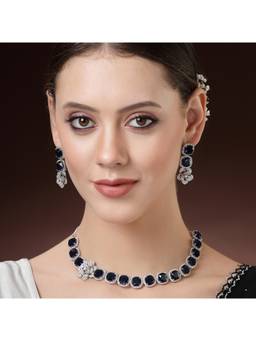 ZENEME - Rhodium Plated Blue Square Ad Necklace Set