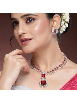 ZENEME - Rhodium Plated Red Rectangle Pendant Necklace Set