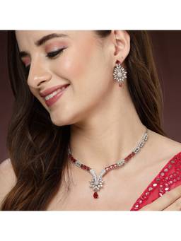ZENEME - Rhodium Plated Red Baguette Ad Floral Necklace Set