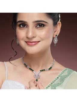 ZENEME - Rhodium Plated Green Baguette Ad Floral Necklace Set