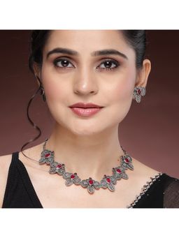 ZENEME - Oxidized Silver-Plated Red Teardrop Stone Necklace Set