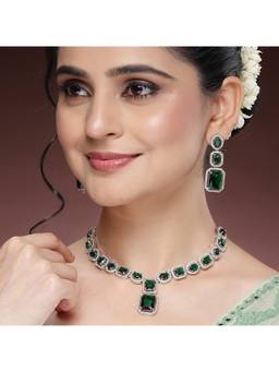 ZENEME - Rhodium Plated Green Rectangular Ad Necklace Set