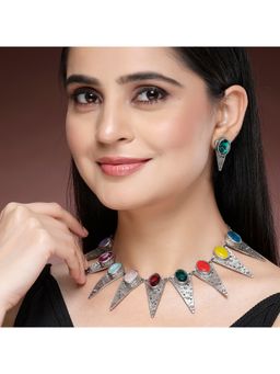 ZENEME - Oxidized Silver-Plated Multi-Color Necklace Set