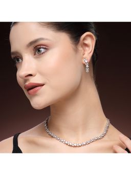 ZENEME - Rhodium Plated Silver Toned Sapphire White Leaf Vine Necklace Set