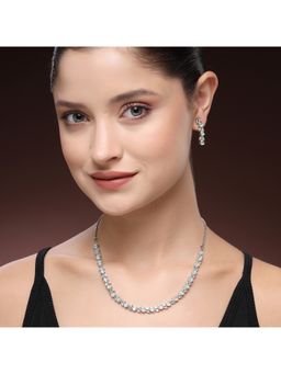 ZENEME - Rhodium Plated Silver Toned Sapphire Green Leaf Vine Necklace Set