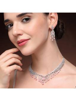 ZENEME - Rhodium Plated Pink Ad Stone Necklace Set