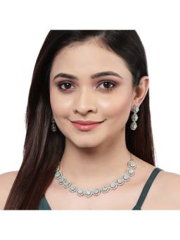 ZENEME - Rhodium Plated Sea Green Ad Double Halo Round Necklace Set