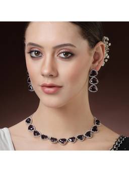 ZENEME - Rhodium Plated Amethyst Purple Trillion Cut Ad Halo Necklace Set