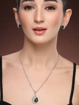 ZENEME - Rhodium Plated Brass Ad Leaf Halo Emerald Green Necklace Set
