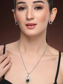 ZENEME - Rhodium Plated Brass Ad Spiral Floral Emerald Green Necklace Set