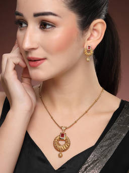ZENEME - Gold-Plated Ruby Red Brass Floral Necklace Set