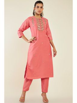 Soch - Women Peach Silk Embroidered Kurta (Set of 2)
