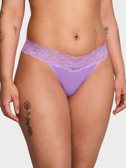 Victoria's Secret - Lace Trim Lace-Waist Cotton Thong Panty Purple
