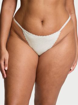 Victoria's Secret - Lace Trim Lace-Waist Heather Rib V-String Panty Grey