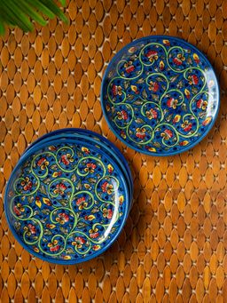 ExclusiveLane - 'Mughal Gardens-2' Hand-painted Ceramic Dinner Plates (Set of 4, Microwave Safe)