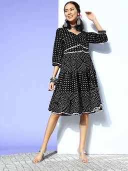 Yufta - Women Black Ethnic Motifs Cotton Leca Frill Cotton A Line Dress