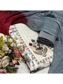 SALWAR STUDIO - White Floral Unstitched Kurta and Bottom with Dupatta (Set of 3)