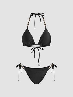 Cider - V-neck Beaded Halter Cheeky Bikini Top with Bottom