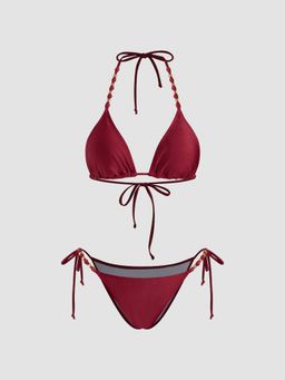 Cider - V-neck Beaded Halter Cheeky Bikini Top with Bottom