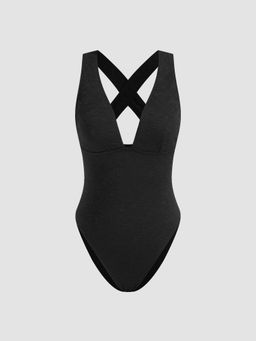 Cider - Texture Shaping V-neck Criss Cross One Piece Swimsuit
