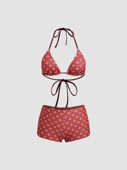 Cider - Halter Neckline Geometric Floral Shorts Bikini Top with Bottom