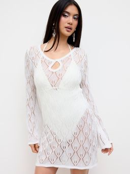 Cider - Knit Round Neckline Cut Out Crochet Cover Up Dress