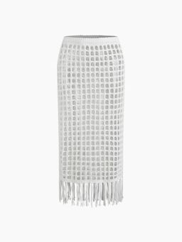 Cider - Knit Hollow Out Fringe See-through Cover Up Skirt