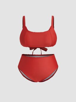 Cider - U-neckline Lettuce Trim Tie Back Bracelet Bikini Top with Bottom Curve & Plus