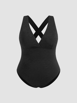 Cider - Shaping V-neck Floral Texture Criss Cross One Piece Swimsuit Curve & Plus