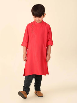 Fabindia - Red Viscose Blend Dobby Long Kurta