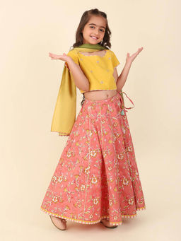 Fabindia - Yellow Cotton Hand Block Printed Choli and Skirt with Dupatta (Set of 3)