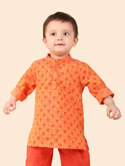 Fabindia - Orange Cotton Hand Block Printed Long Kurta