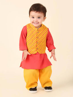 Fabindia - Pink Cotton Hand Block Printed Kurta and Pant with Jacket (Set of 3)