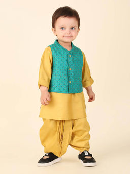 Fabindia - Beige Viscose Silk Printed Kurta and Dhoti with Jacket (Set of 3)