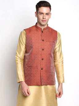 Devoiler - Men Red Woven Floral Design Nehru Jacket
