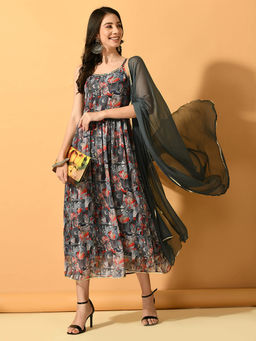 MYSHKA - Women Grey Festive Flared Kurta with Dupatta (Set of 2)