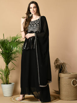 MYSHKA - Women Black Georgette Party Top Skirt with Dupatta (Set of 3)