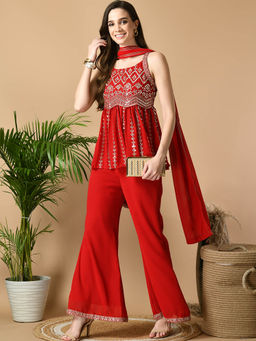 MYSHKA - Women Red Georgette Party Top Palazzo with Dupatta (Set of 3)