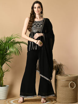 MYSHKA - Women Black Georgette Party Top Palazzo with Dupatta (Set of 3)