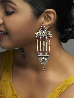 Divas Mantra - Palanquin Statement Long Dangler Earrings with Pink Spinel & CZ Stones and Pearls