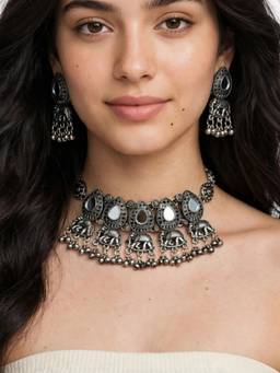 RUNORAA - The Royal Gajraj Oxidized Choker Set