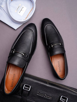 Louis Stitch - Mens Obsidian Black Leather Shoes Slip On Style Moccasins